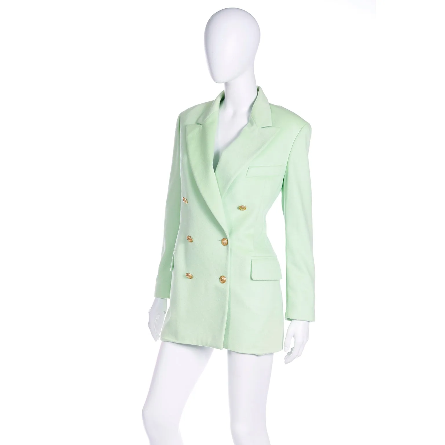 1980s Margaretha Ley Escada Green Cashmere Blend Double Breasted Blazer Jacket