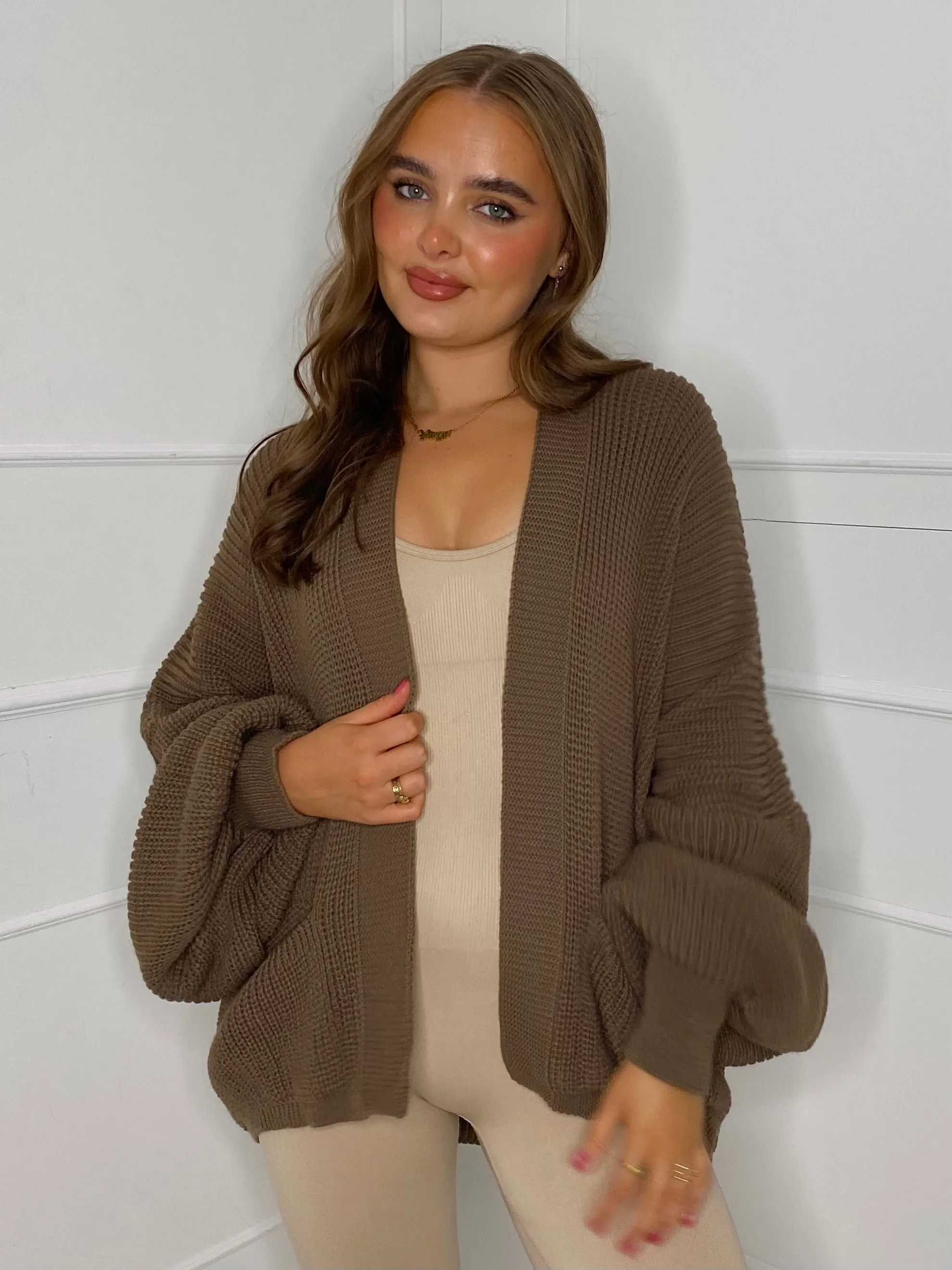 Balloon Sleeve Knitted Cardigan - Brown