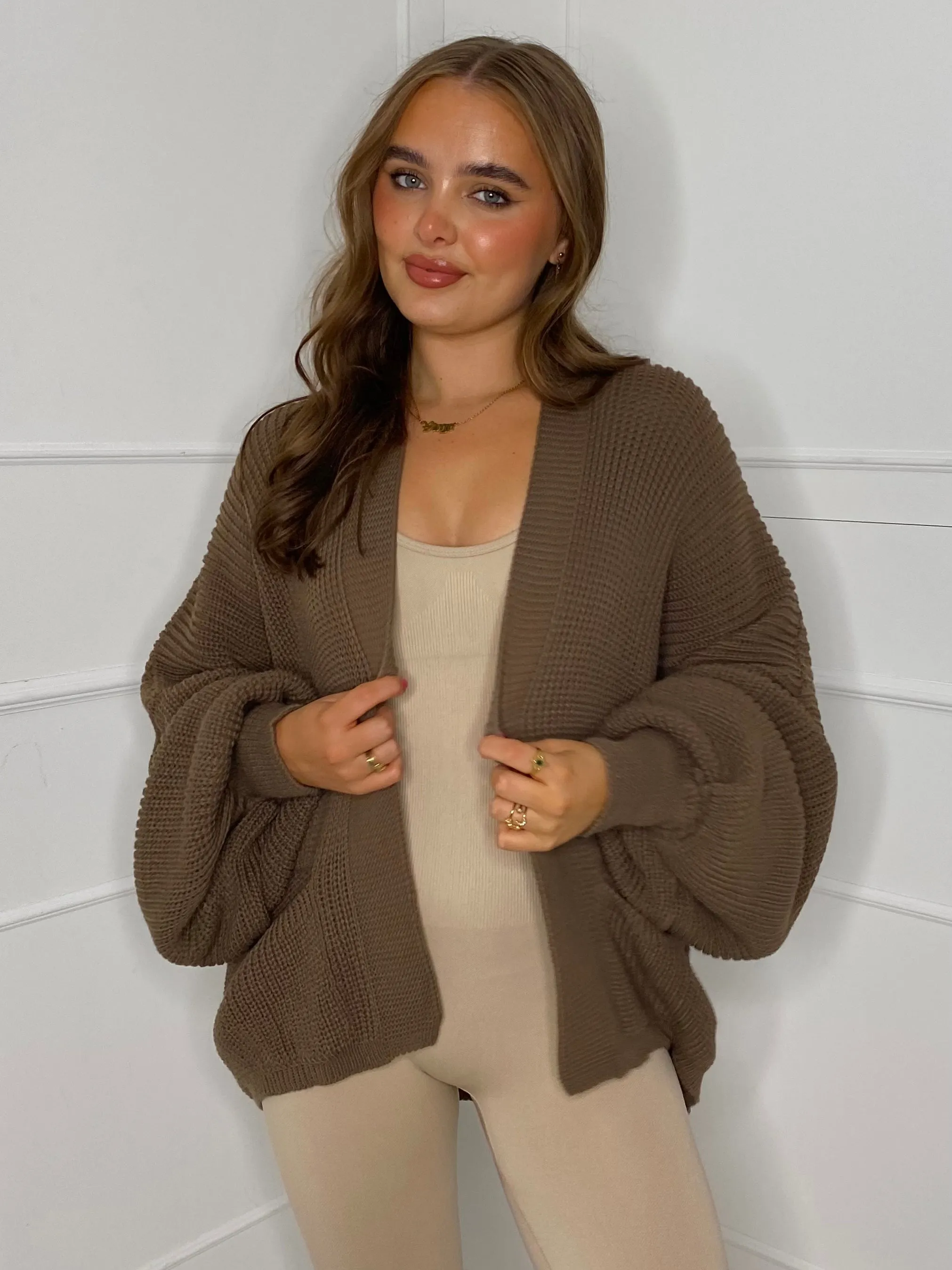 Balloon Sleeve Knitted Cardigan - Brown