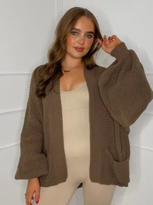 Balloon Sleeve Knitted Cardigan - Brown