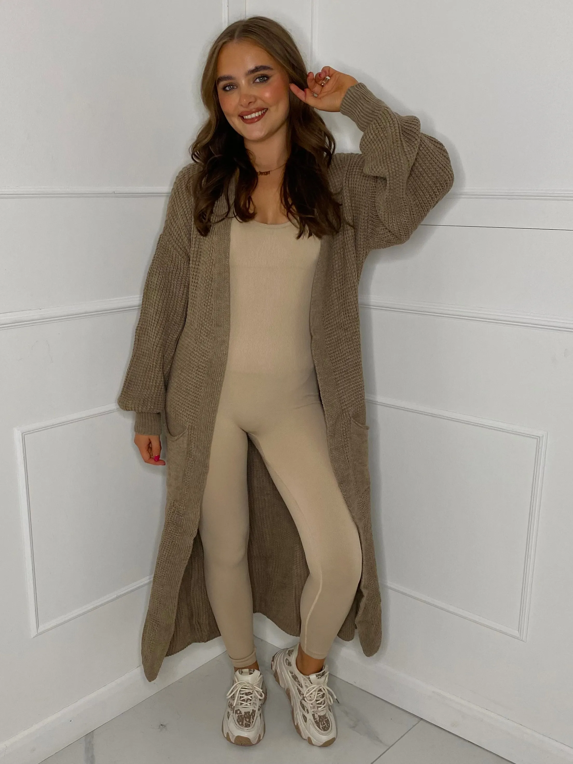 Balloon Sleeve Long Knitted Cardigan - Light Brown