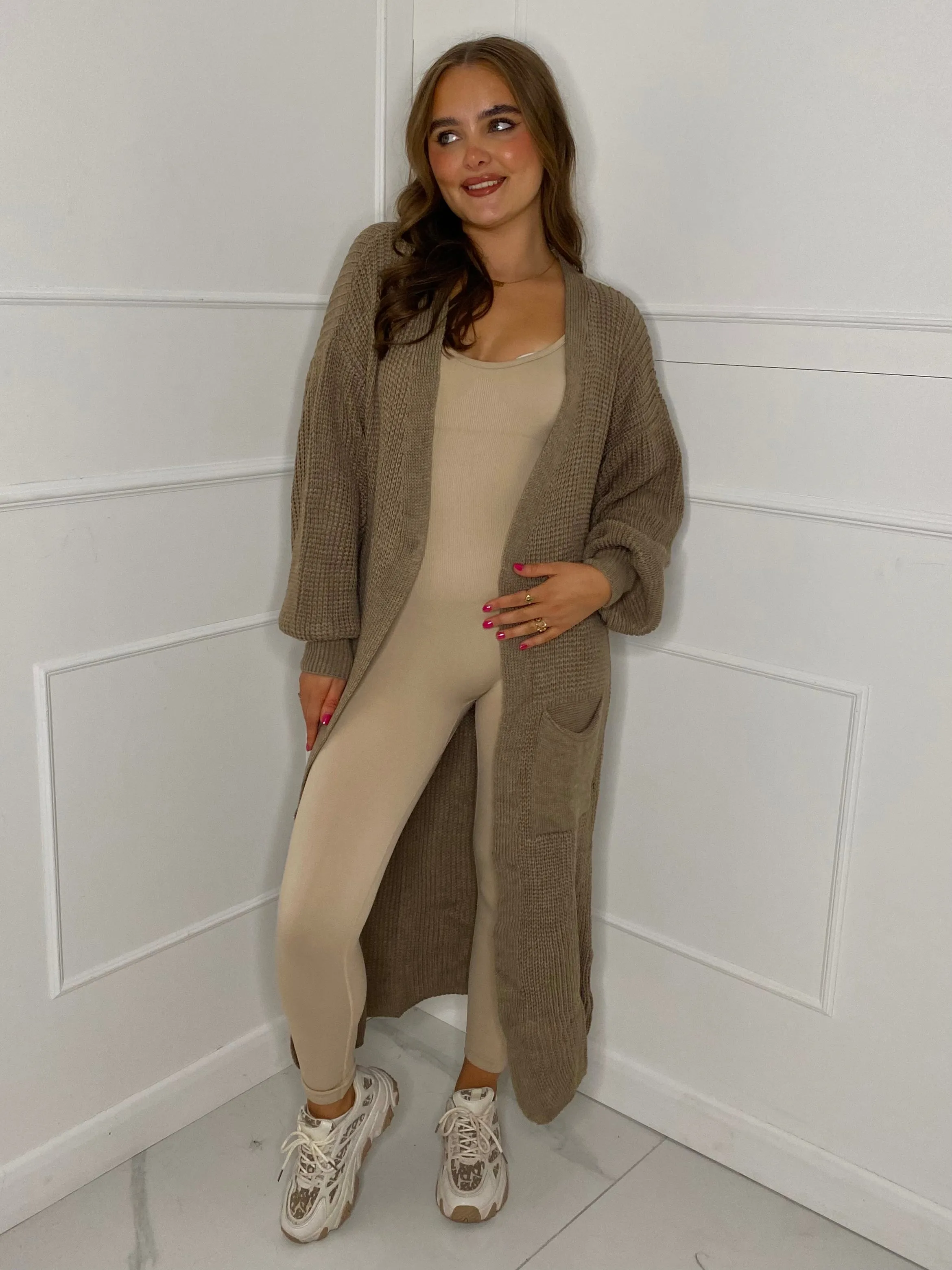 Balloon Sleeve Long Knitted Cardigan - Light Brown