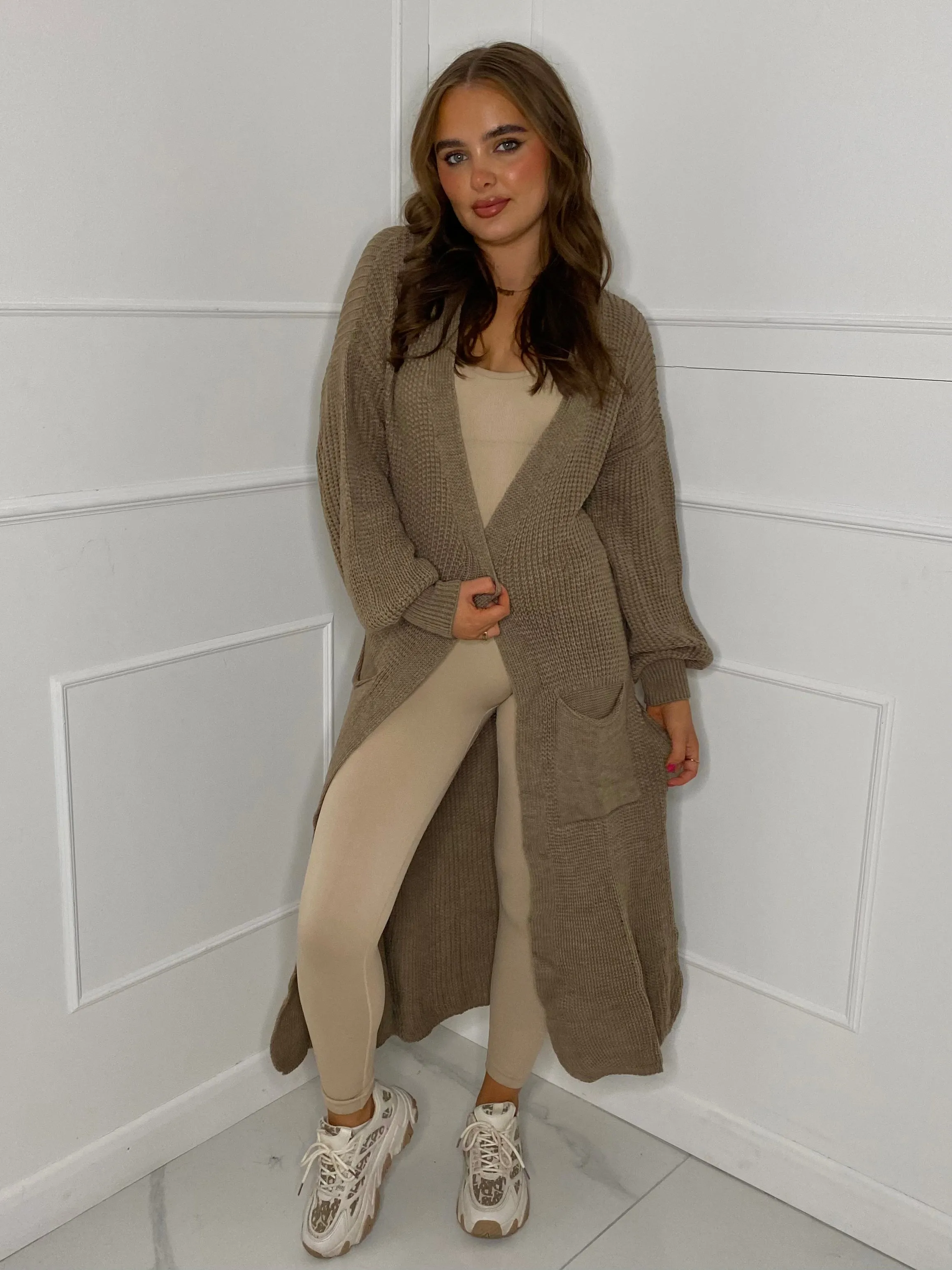 Balloon Sleeve Long Knitted Cardigan - Light Brown