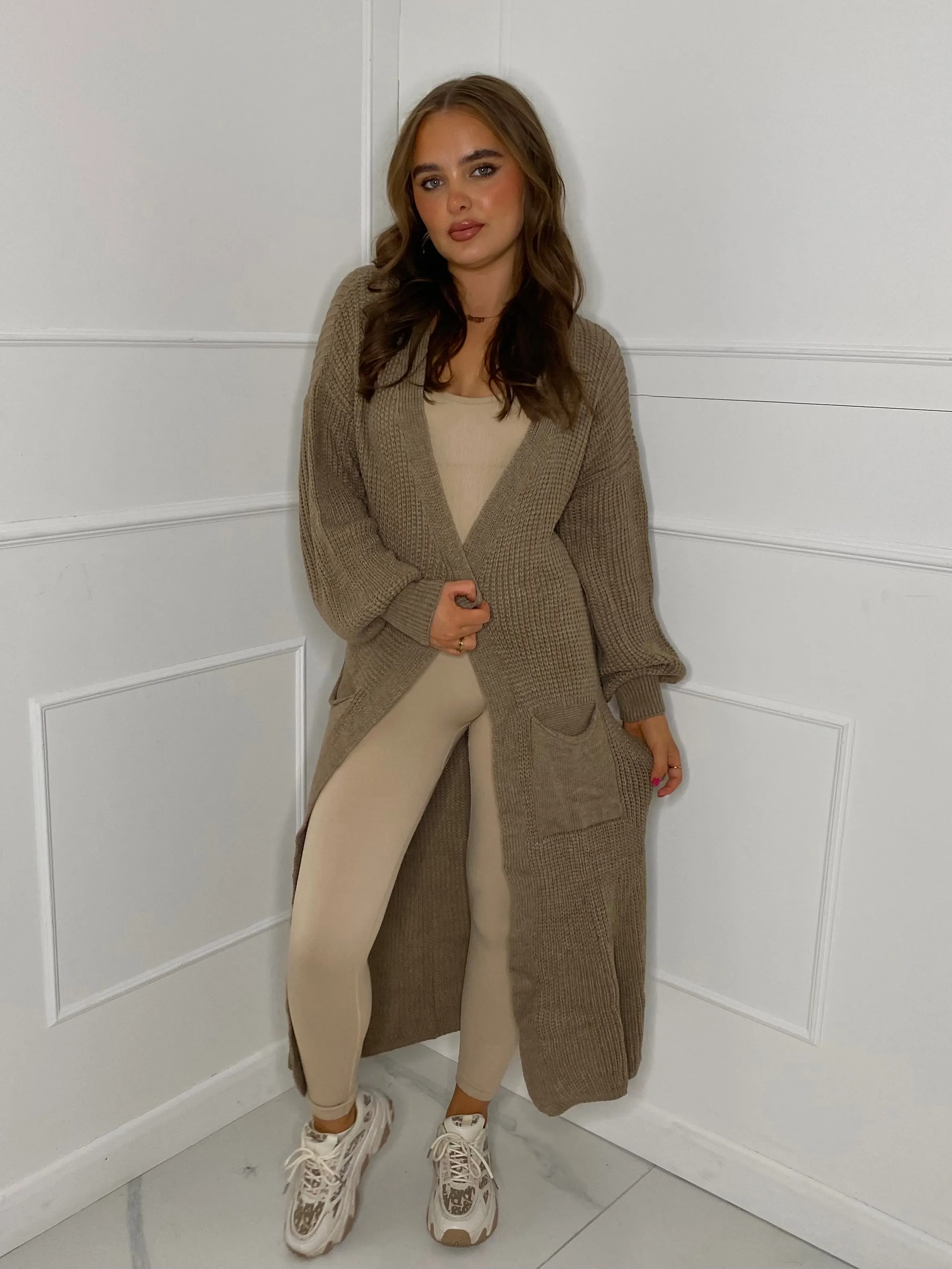 Balloon Sleeve Long Knitted Cardigan - Light Brown