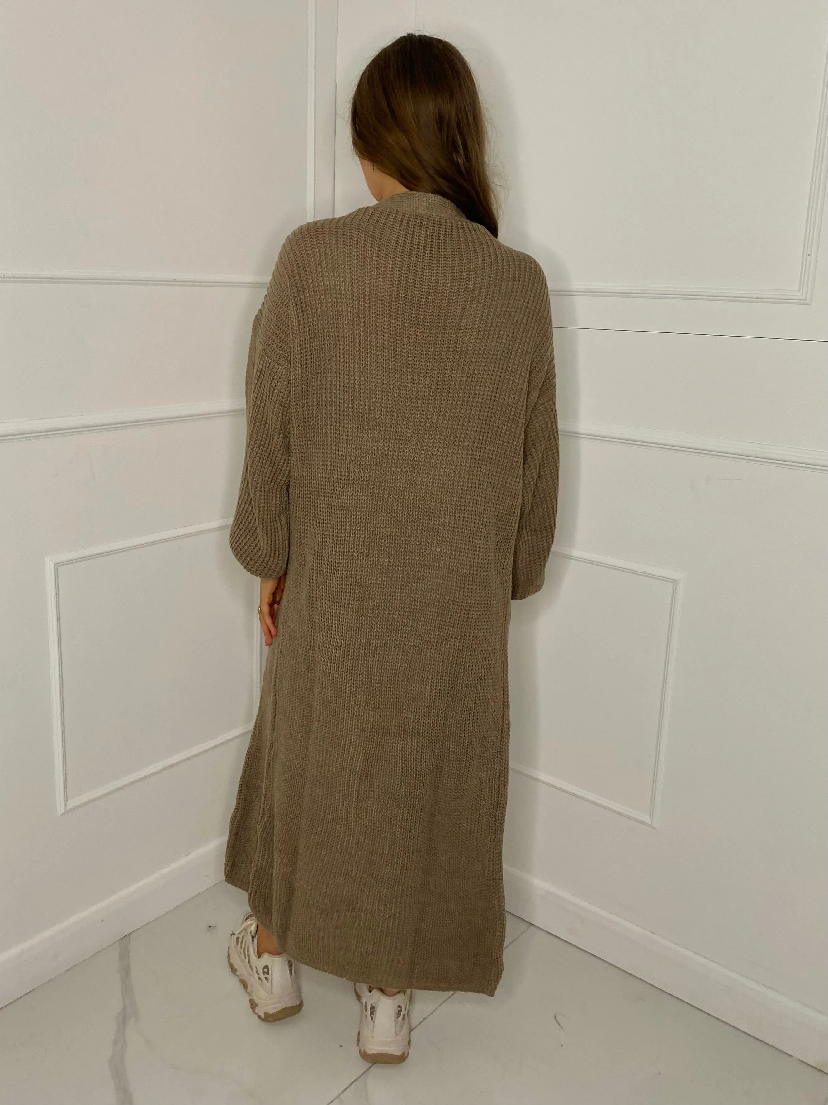 Balloon Sleeve Long Knitted Cardigan - Light Brown