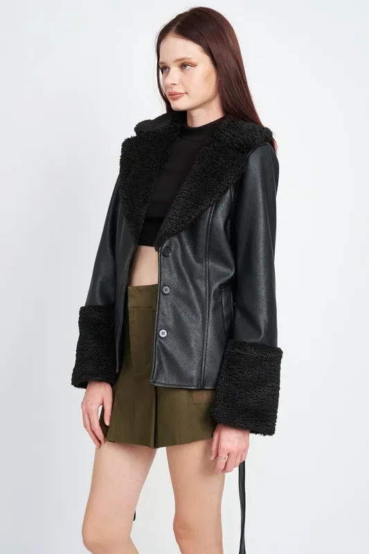 Belted Faux Leather Shearling Jacket