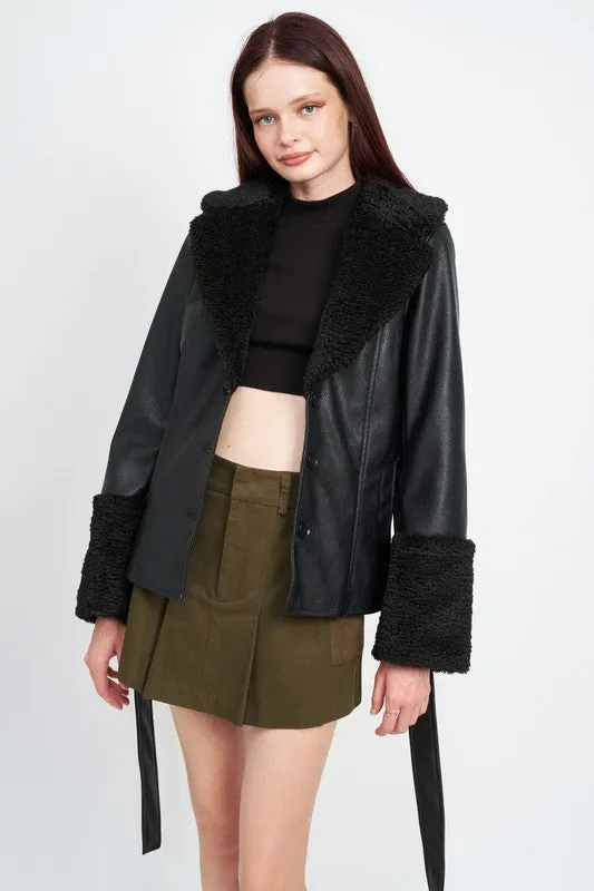 Belted Faux Leather Shearling Jacket