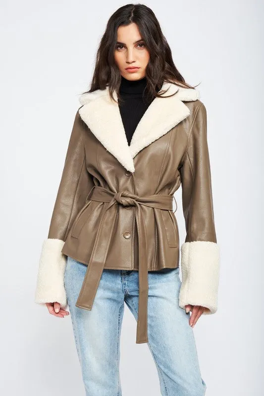 Belted Faux Leather Shearling Jacket