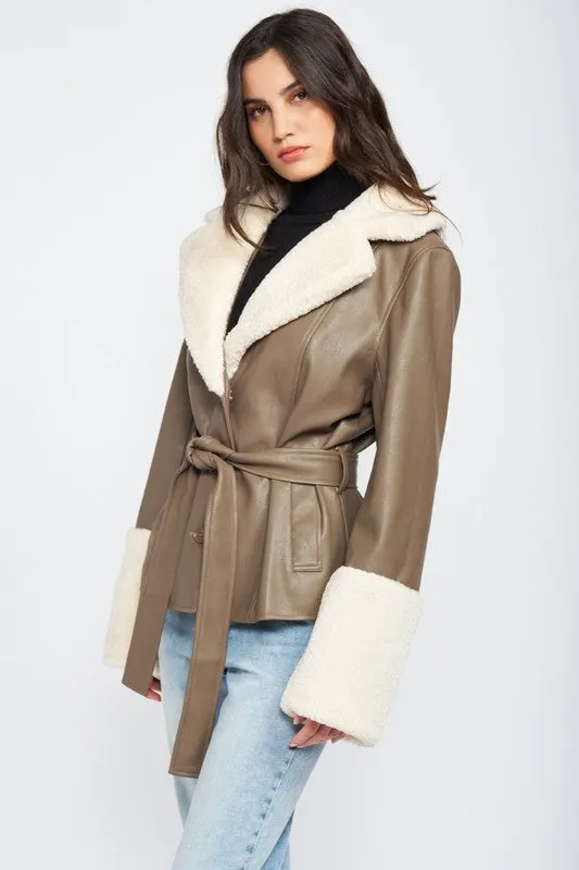 Belted Faux Leather Shearling Jacket