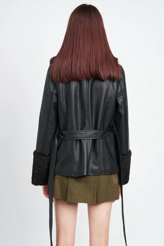 Belted Faux Leather Shearling Jacket