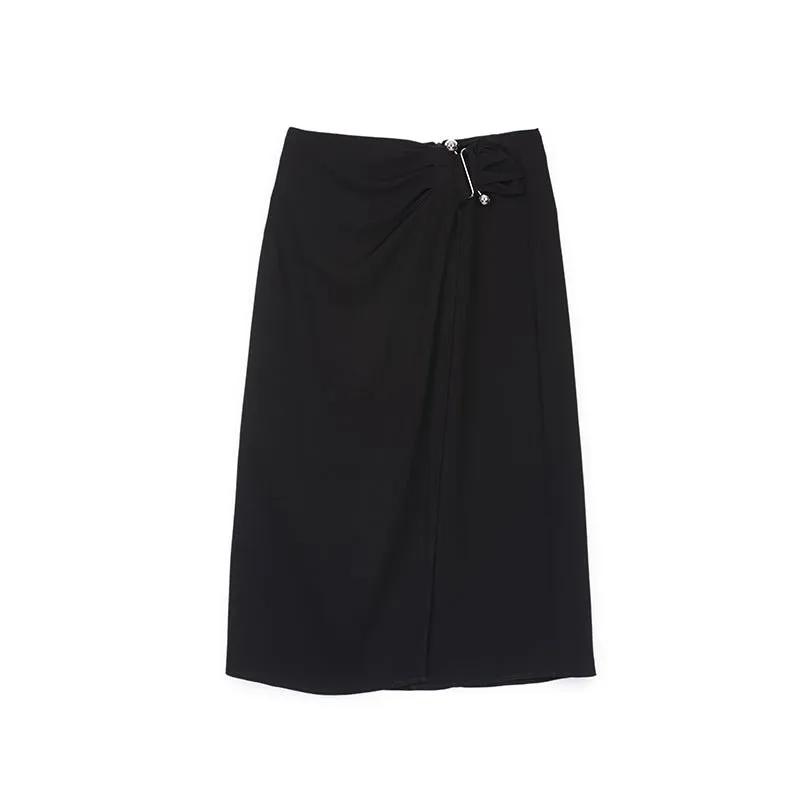 Black Midi Skirt High Waist Metal Buckle