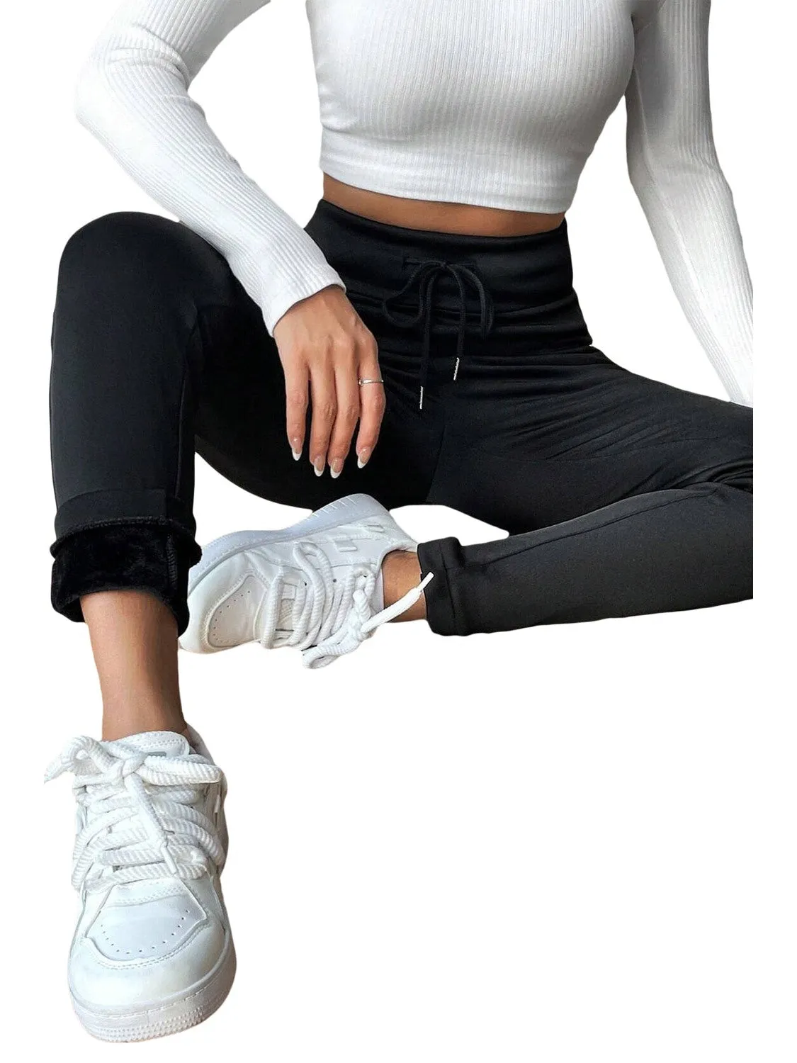 Black Solid Drawstring Waist Thermal Lined Leggings