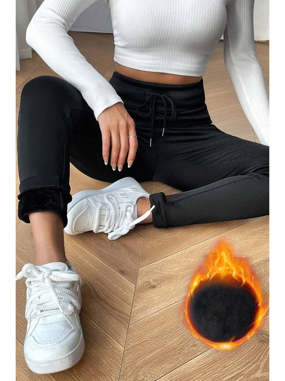 Black Solid Drawstring Waist Thermal Lined Leggings