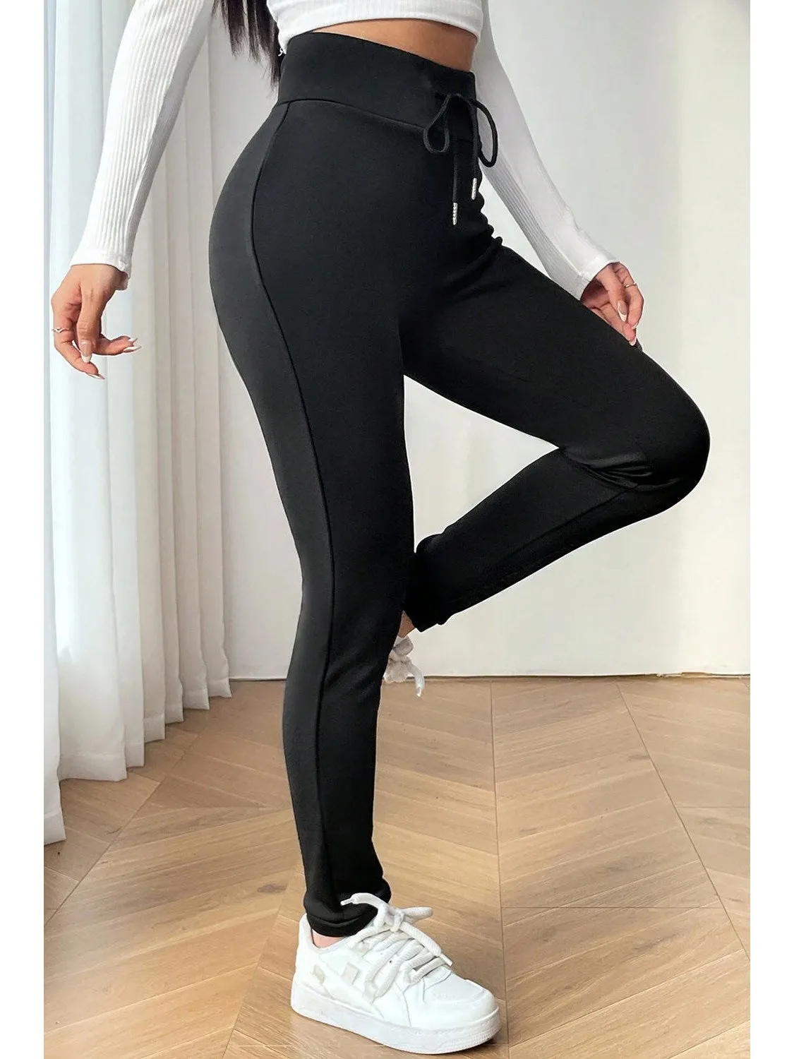 Black Solid Drawstring Waist Thermal Lined Leggings