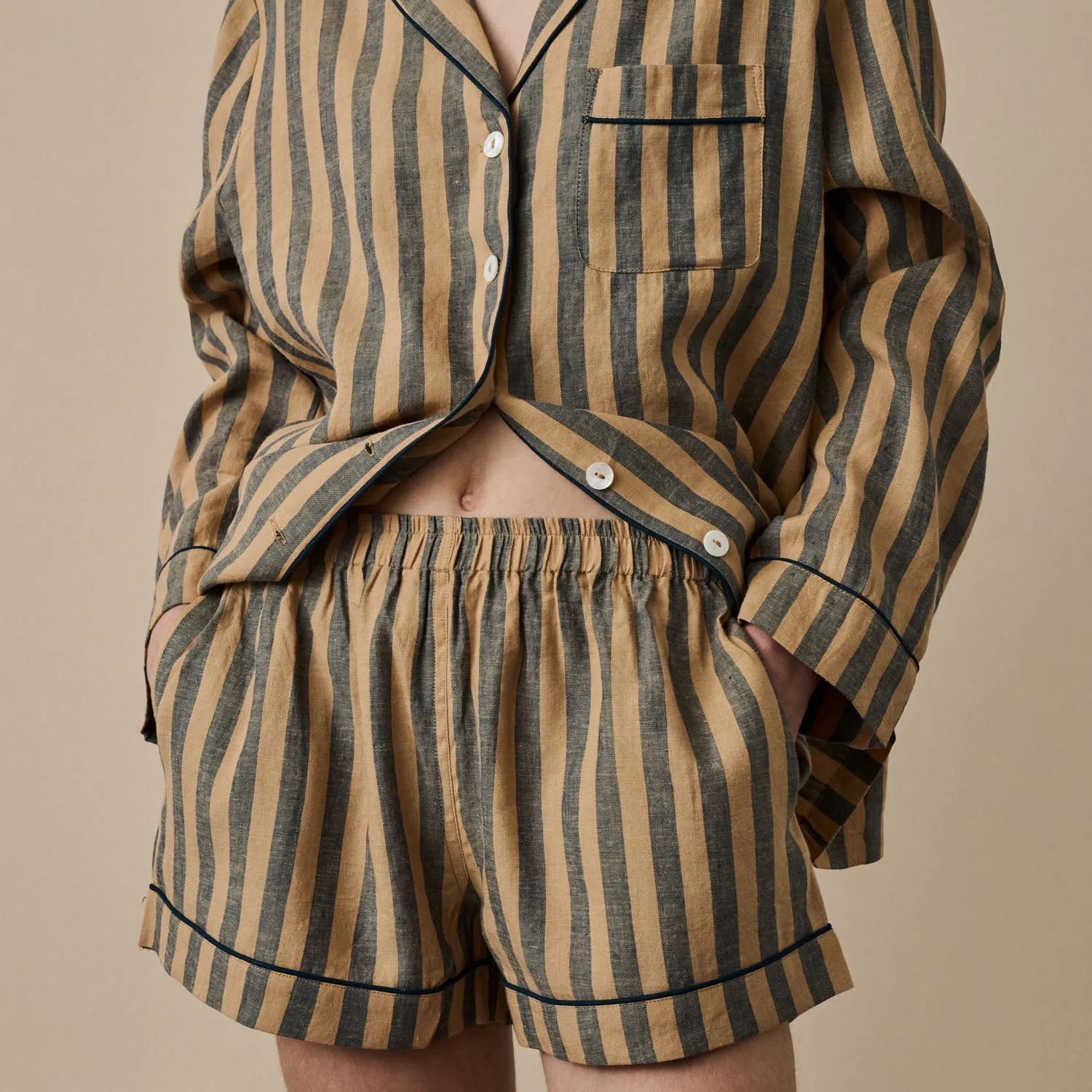 Blue & Porcini Striped Linen Women's PJ Shorts Set