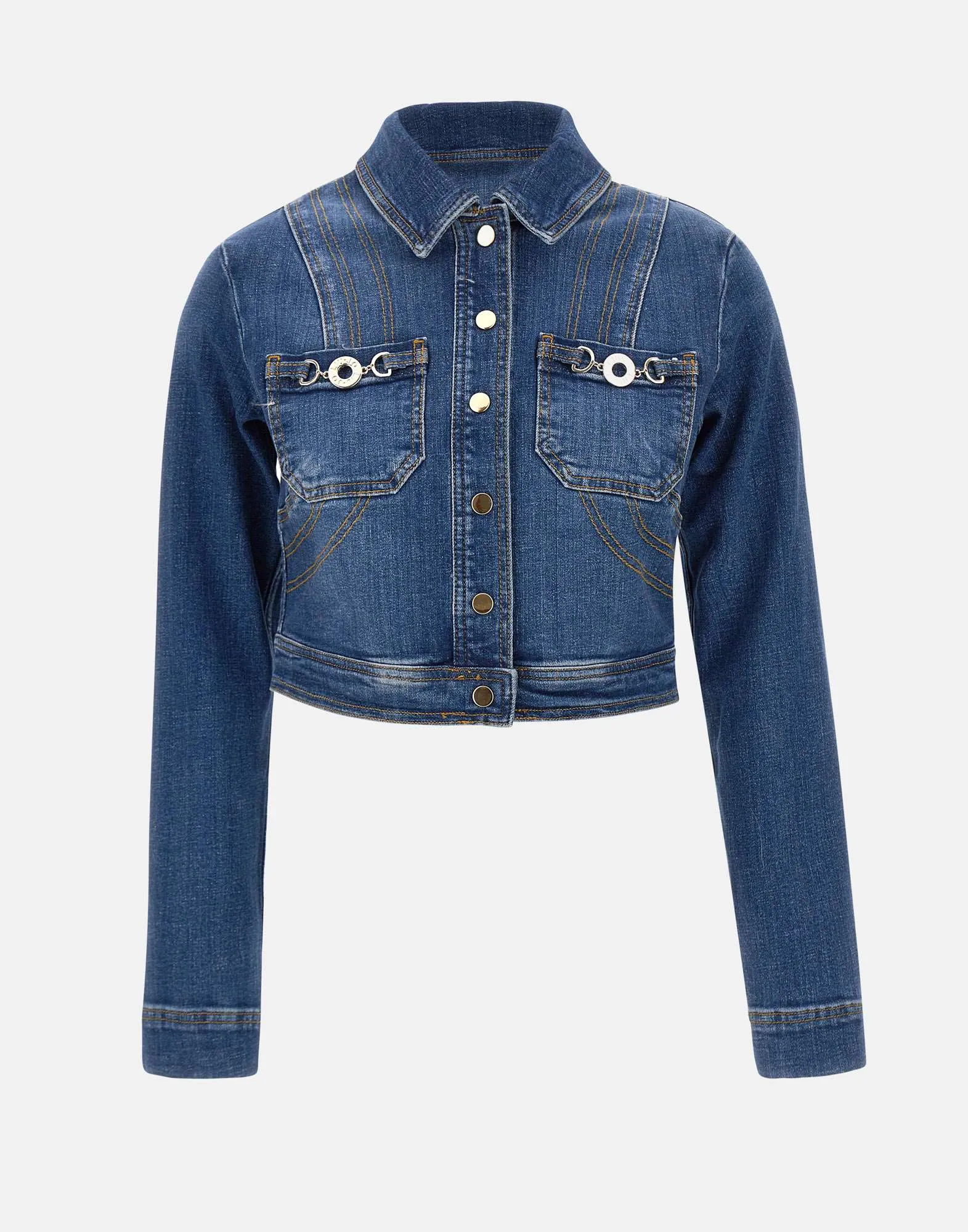 Blue Denim Crop Jacket with Gold Buttons