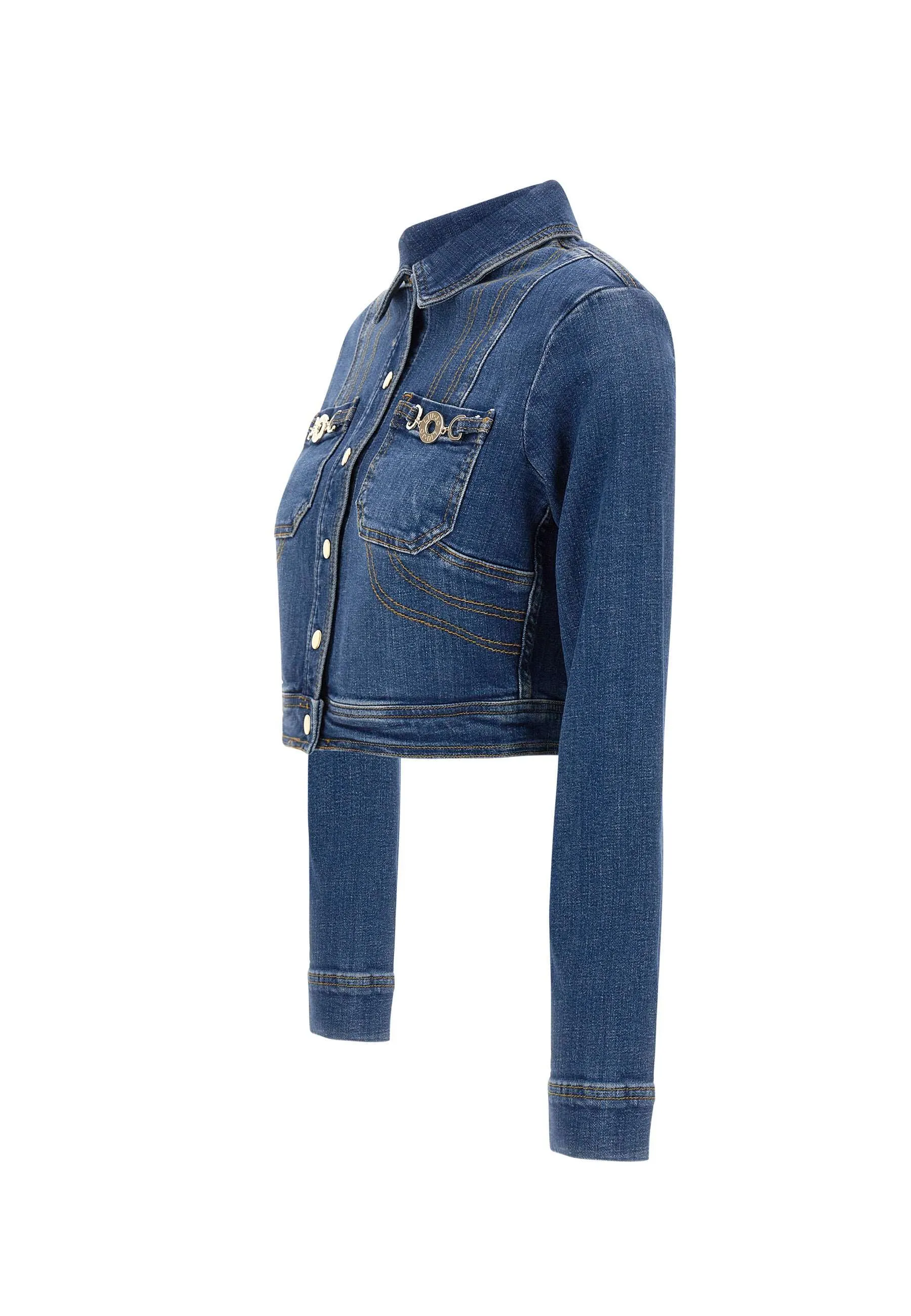 Blue Denim Crop Jacket with Gold Buttons