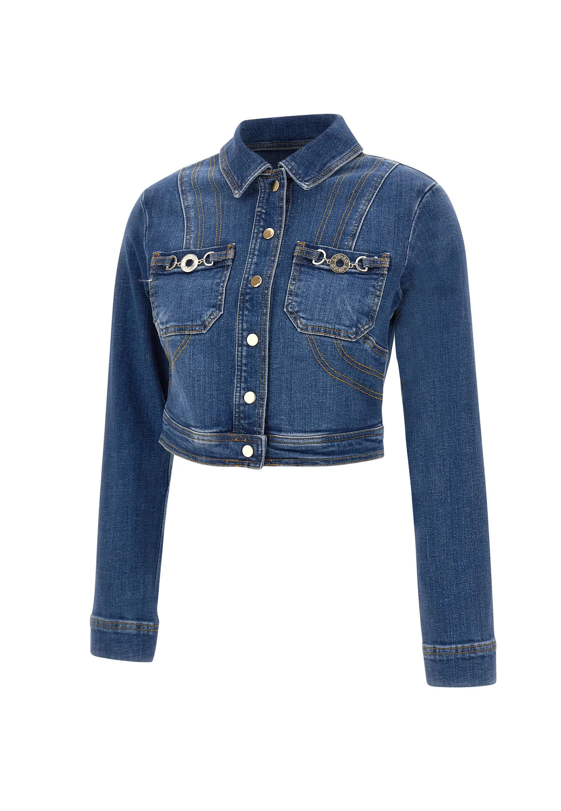 Blue Denim Crop Jacket with Gold Buttons