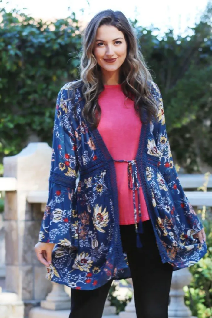 Blue Floral Tie Cardigan