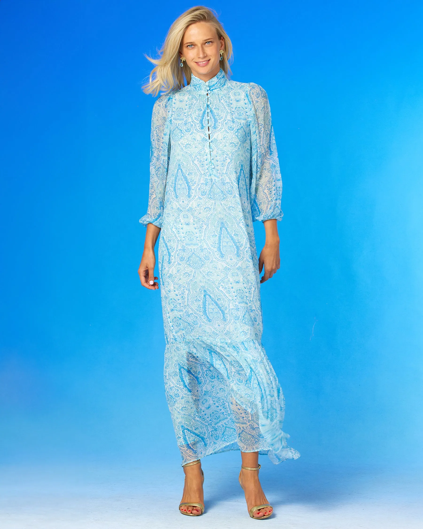 Blythe Maxi Crinkle Chiffon Dress in Turquoise Paisley