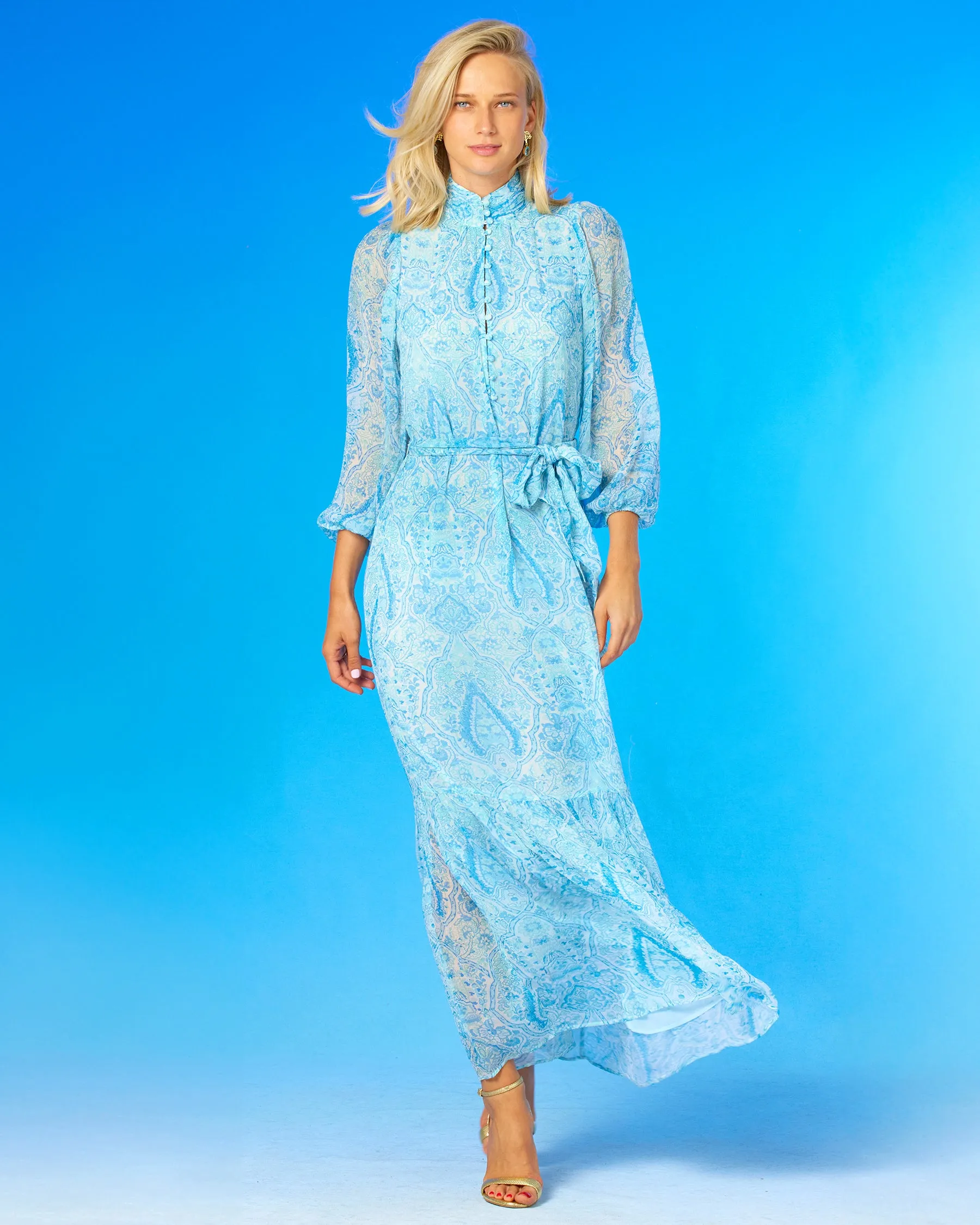 Blythe Maxi Crinkle Chiffon Dress in Turquoise Paisley