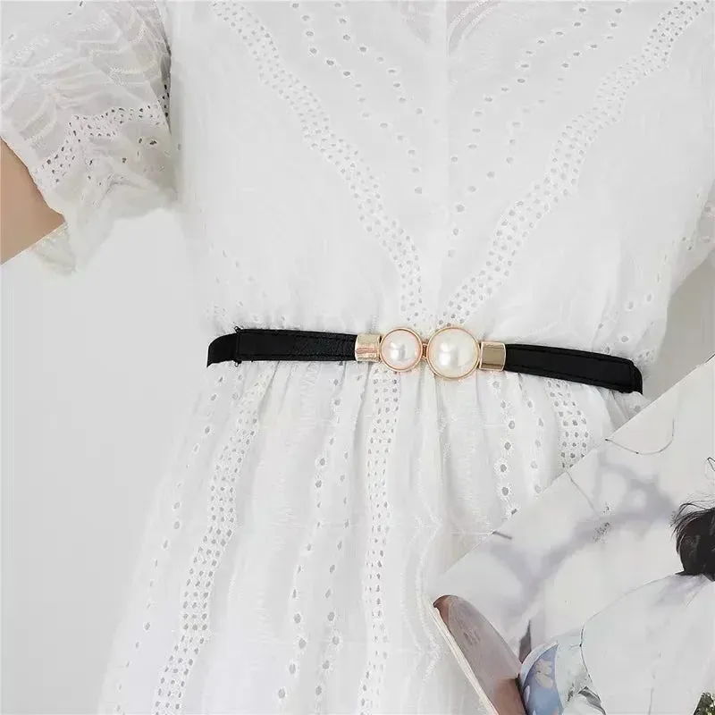 Creative Pearl Buckle Belt PU Leather Dress Skirt Waist Elastic Thin Women Belts Ladies Waistband Clothing Matching Style Decor