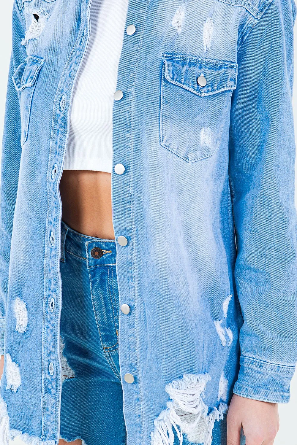 Frayed Hem Distressed Denim Shirt Jacket