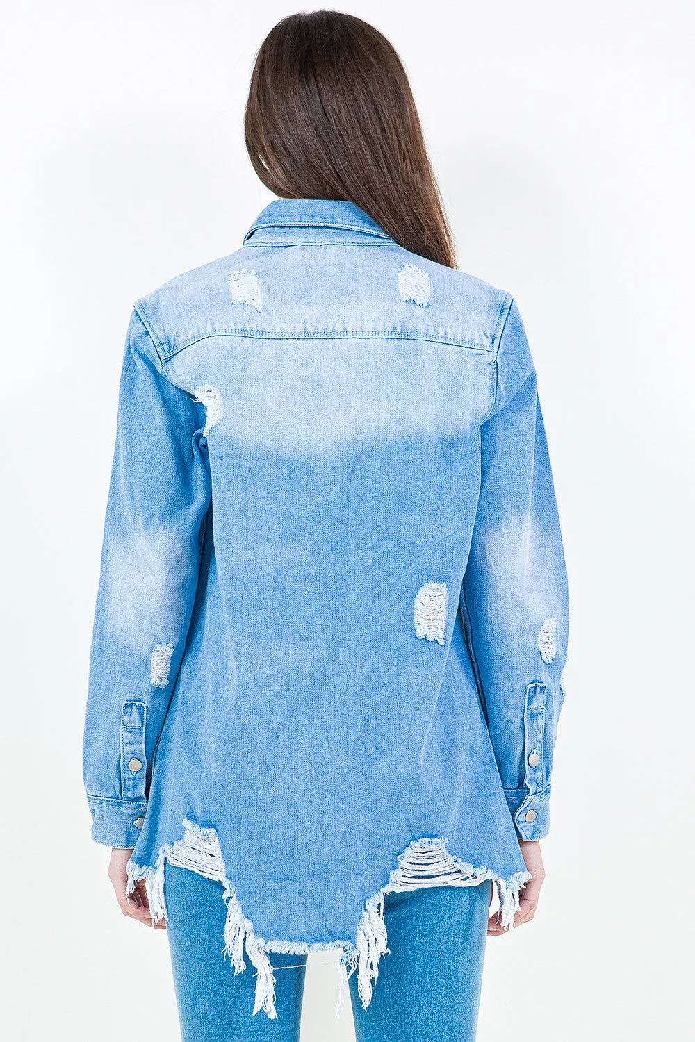 Frayed Hem Distressed Denim Shirt Jacket