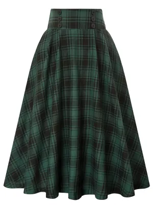 High Waist Button Plaid Ruffled Hem Vintage Loose Stylish Midi Skirt