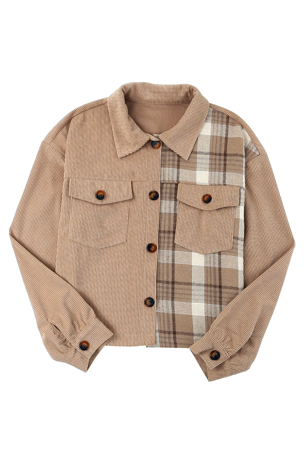 Khaki Plaid Patchwork Corduroy Cropped Jacket