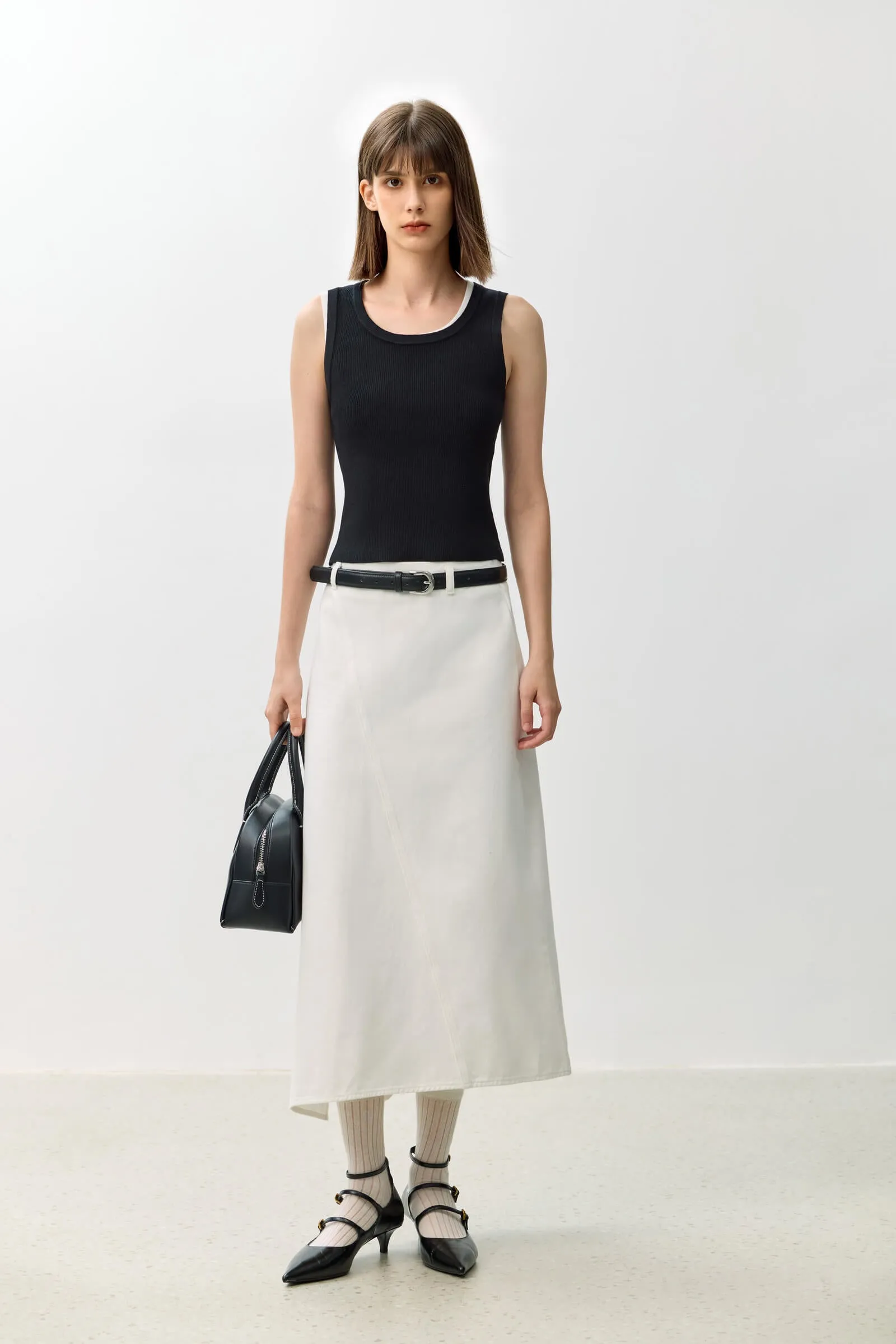 LILY Asymmetric Denim Midi Skirt