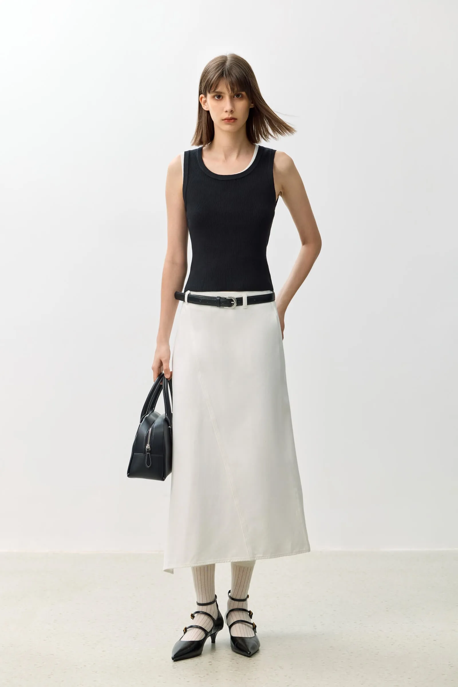 LILY Asymmetric Denim Midi Skirt