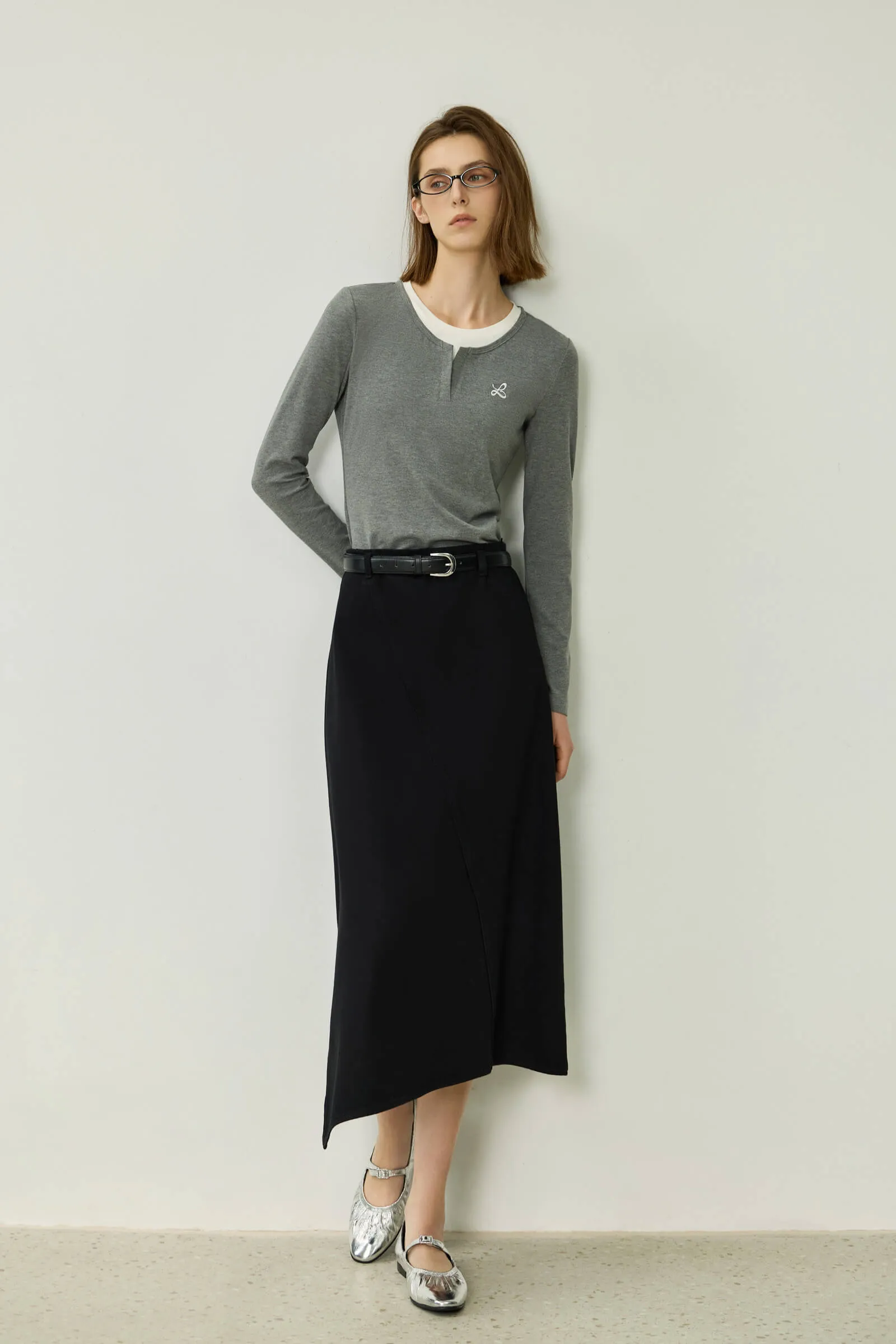 LILY Asymmetric Denim Midi Skirt