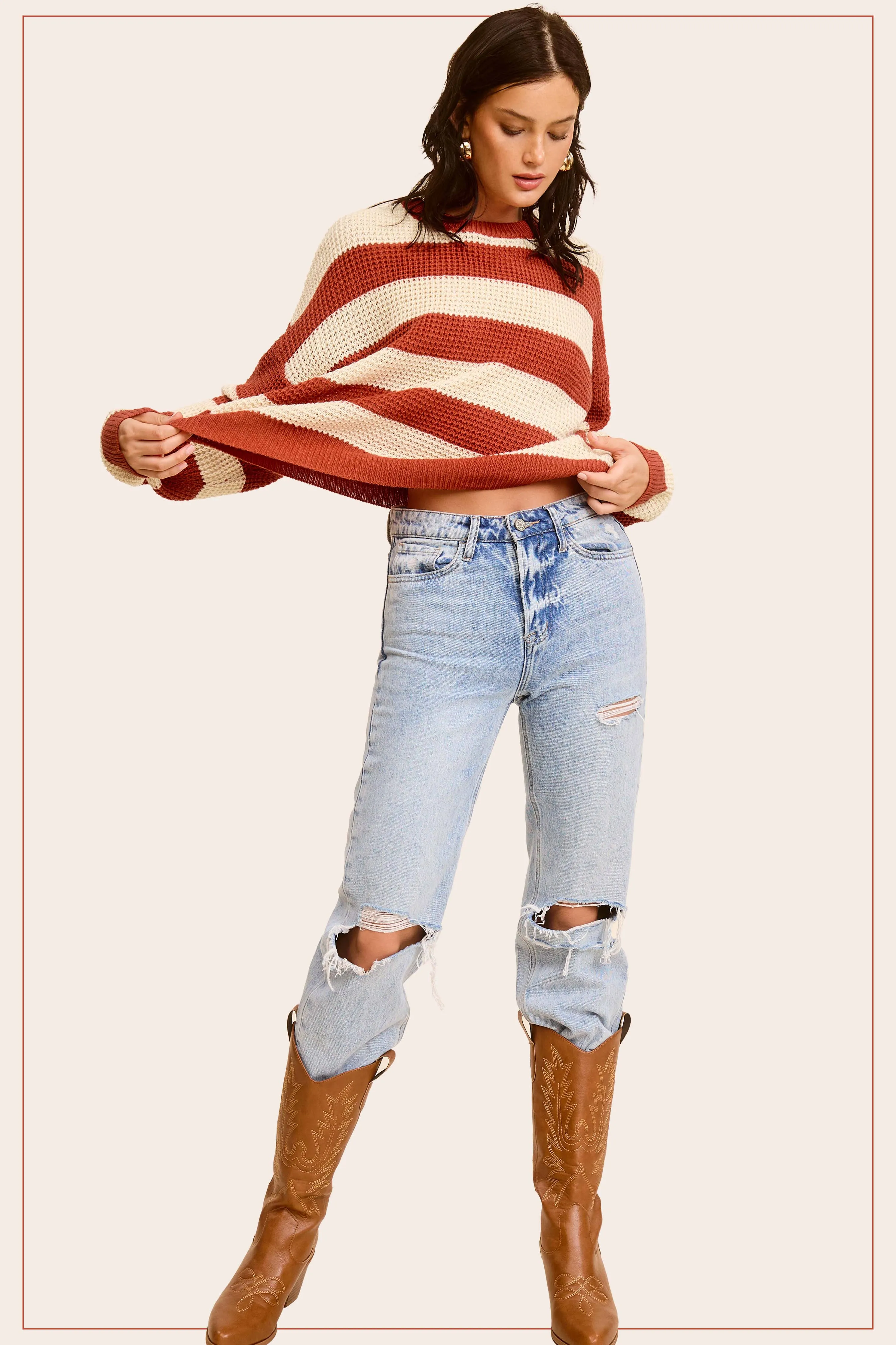 Loose Fit Striped Round Neck Long Sleeve Sweater