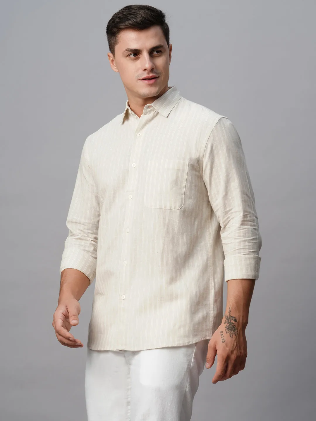 Men's Khaki Linen Cotton Regular Fit Striped Shirt