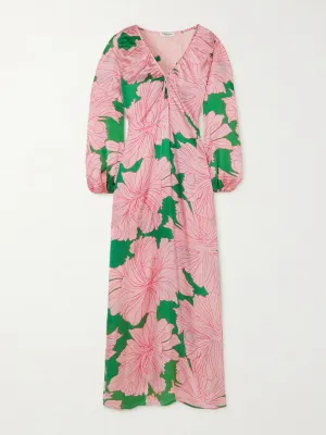 Pink and green floral-print silk maxi dress