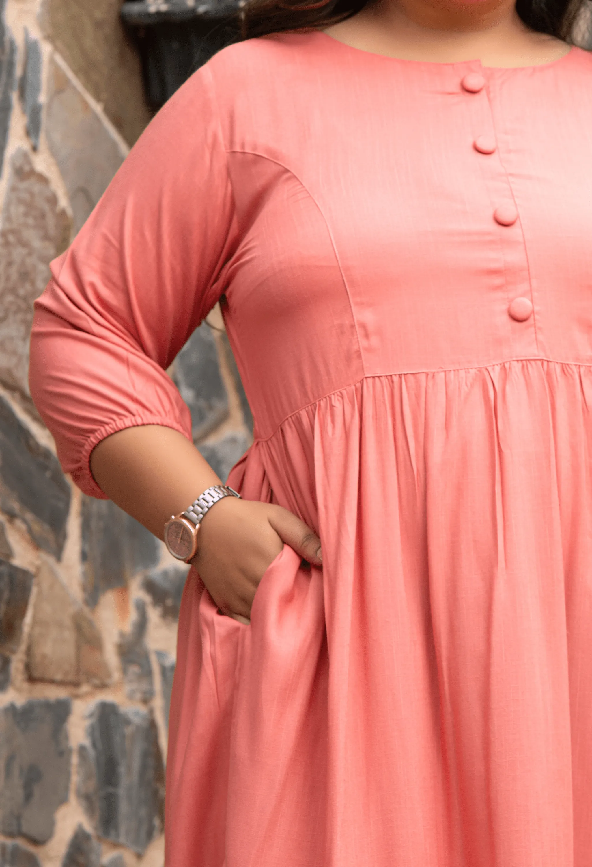 Plus Size Peach Solid Midi Dress