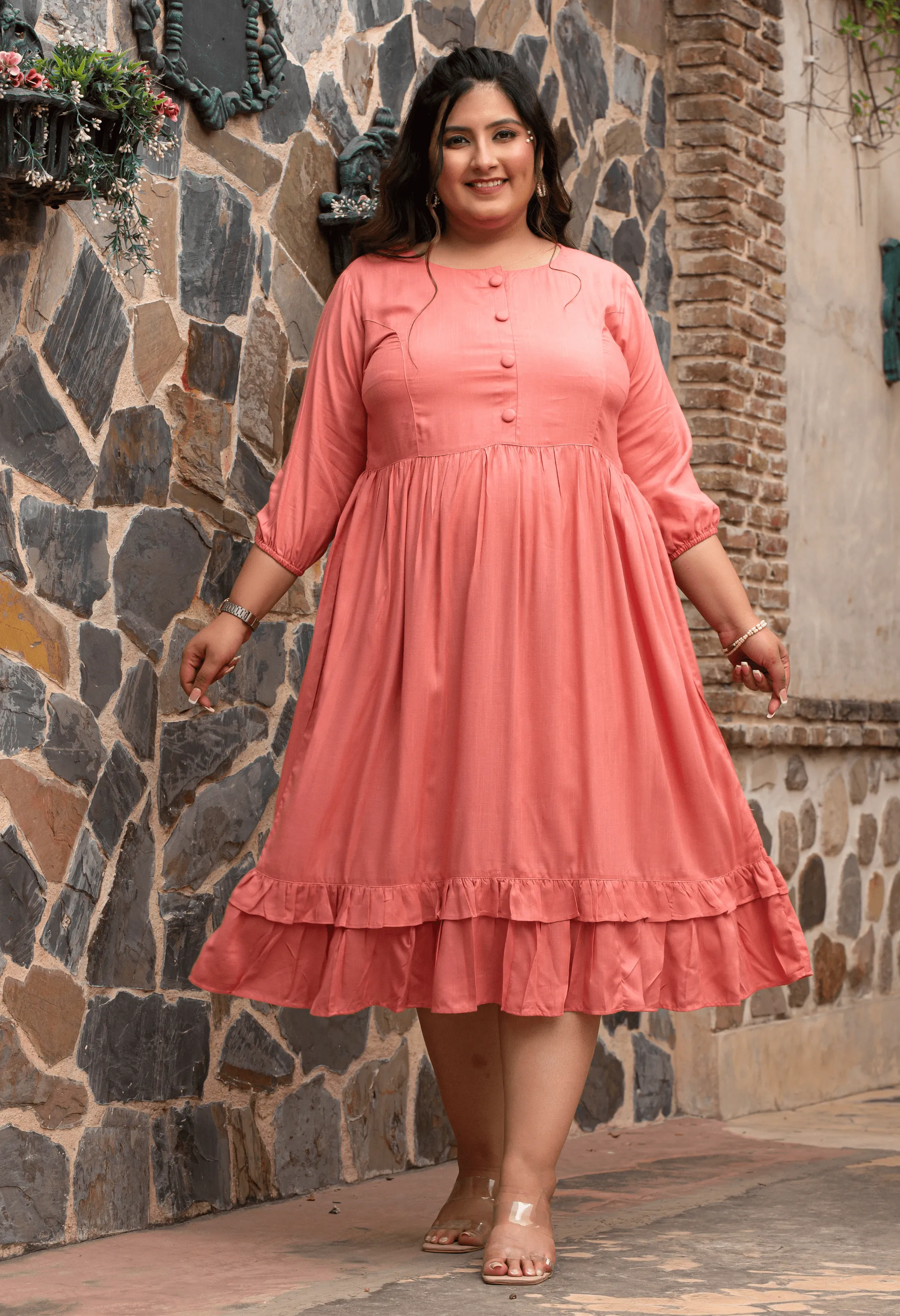 Plus Size Peach Solid Midi Dress