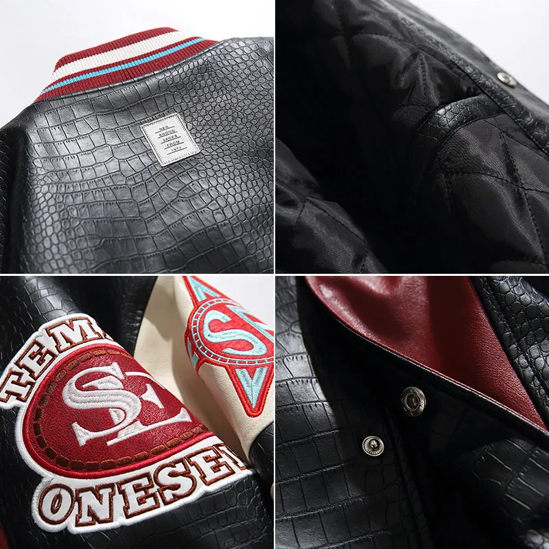 PopFlying Crocodile PU Leather Jacket Patchwork Embroidery