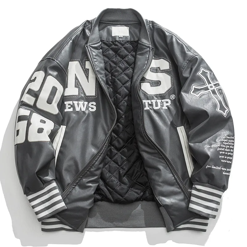 PopFlying Leather Jacket Embroidery Letter