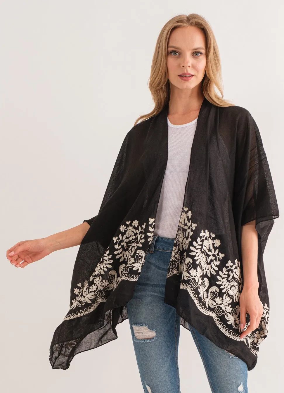 RAJ BLANCHE BLACK BORDER EMBROIDERED KIMONO