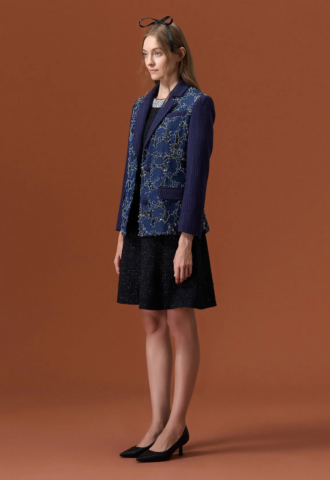 Reconstructed Denim Lace-detailing Lapel Jacket