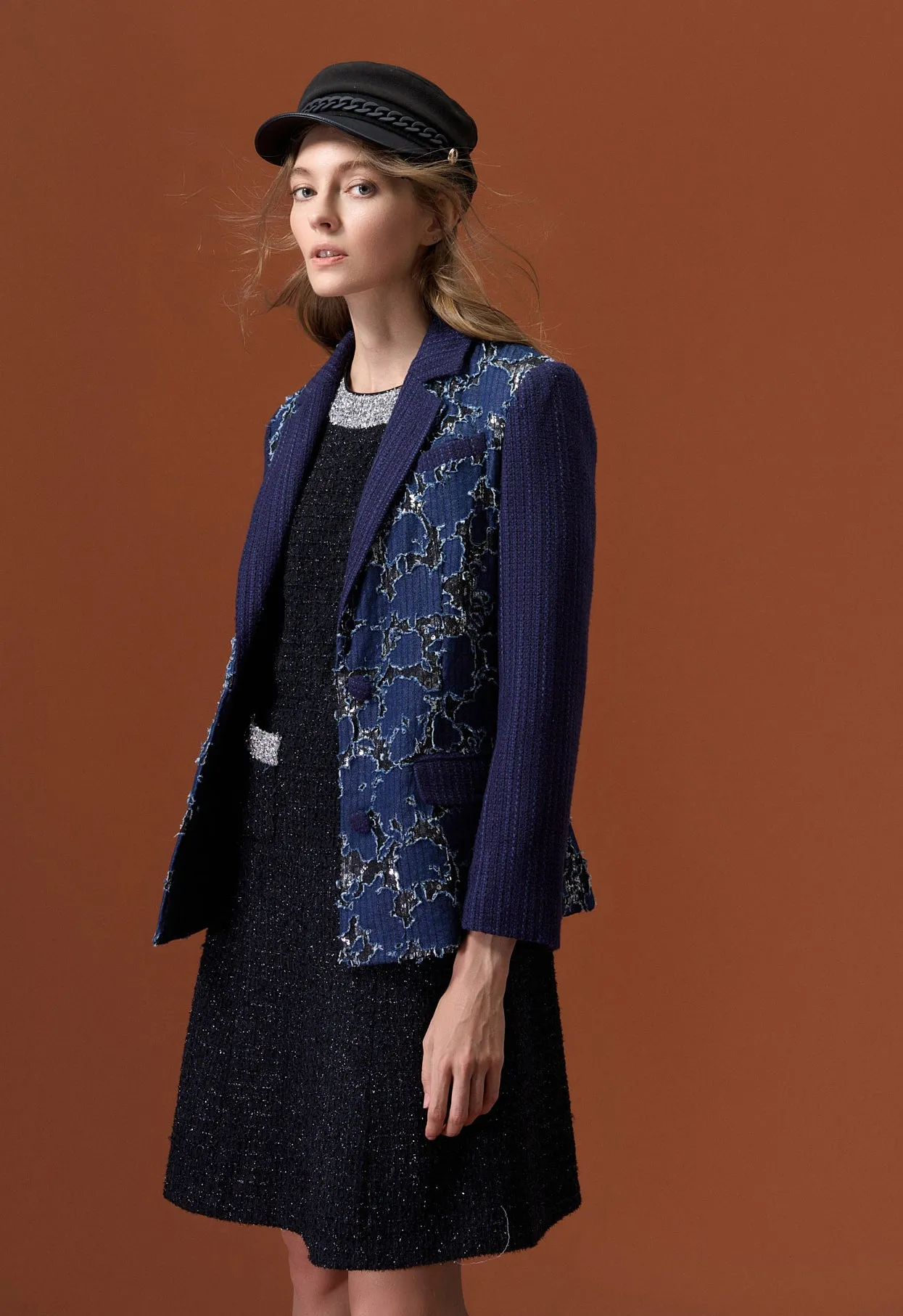 Reconstructed Denim Lace-detailing Lapel Jacket