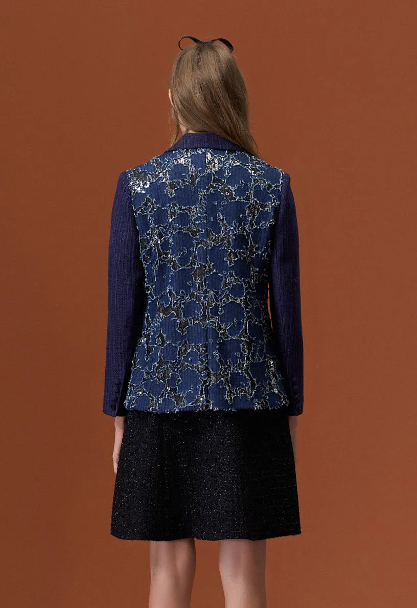 Reconstructed Denim Lace-detailing Lapel Jacket