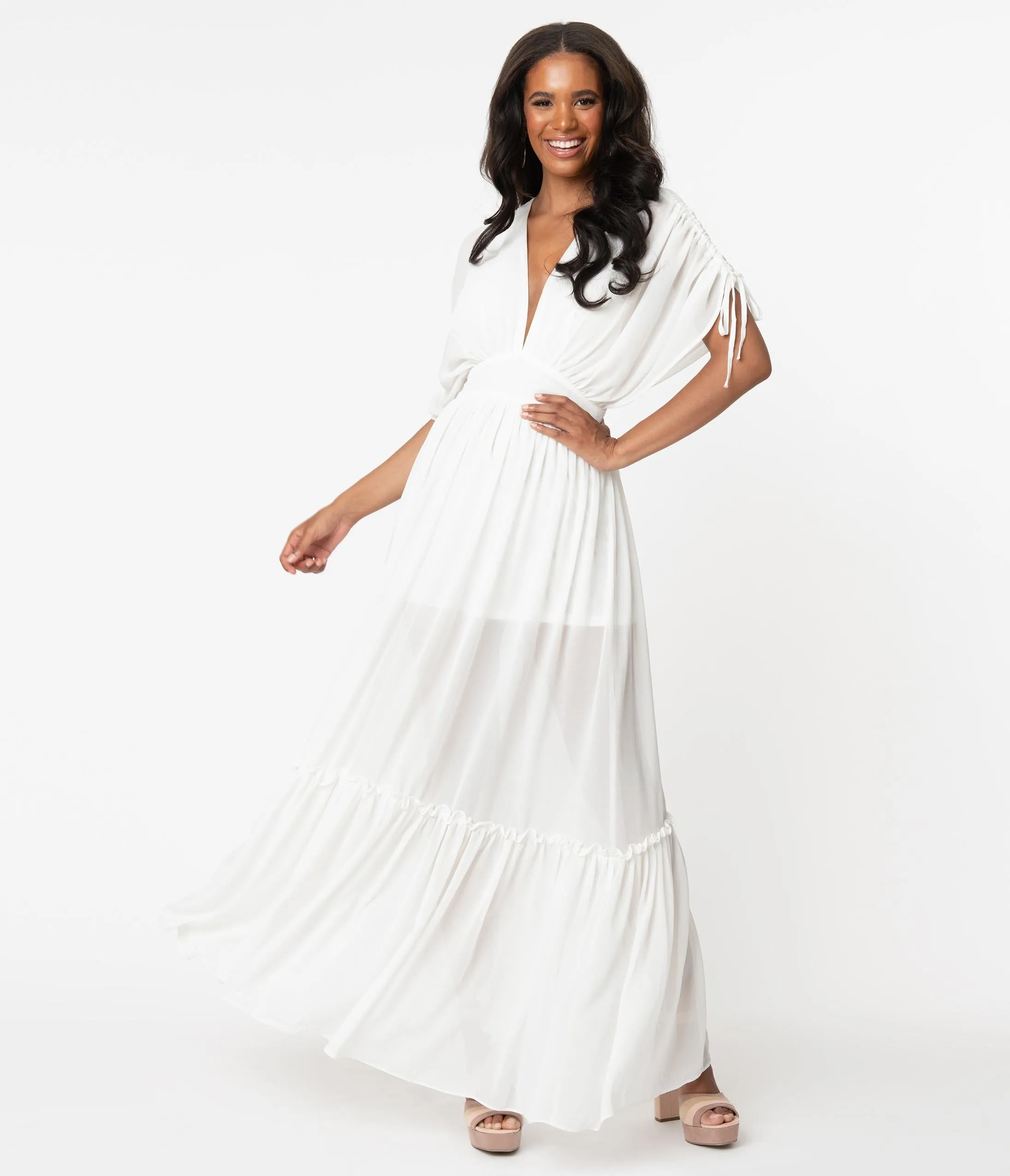 Retro Style Ivory Ruched Maxi Dress