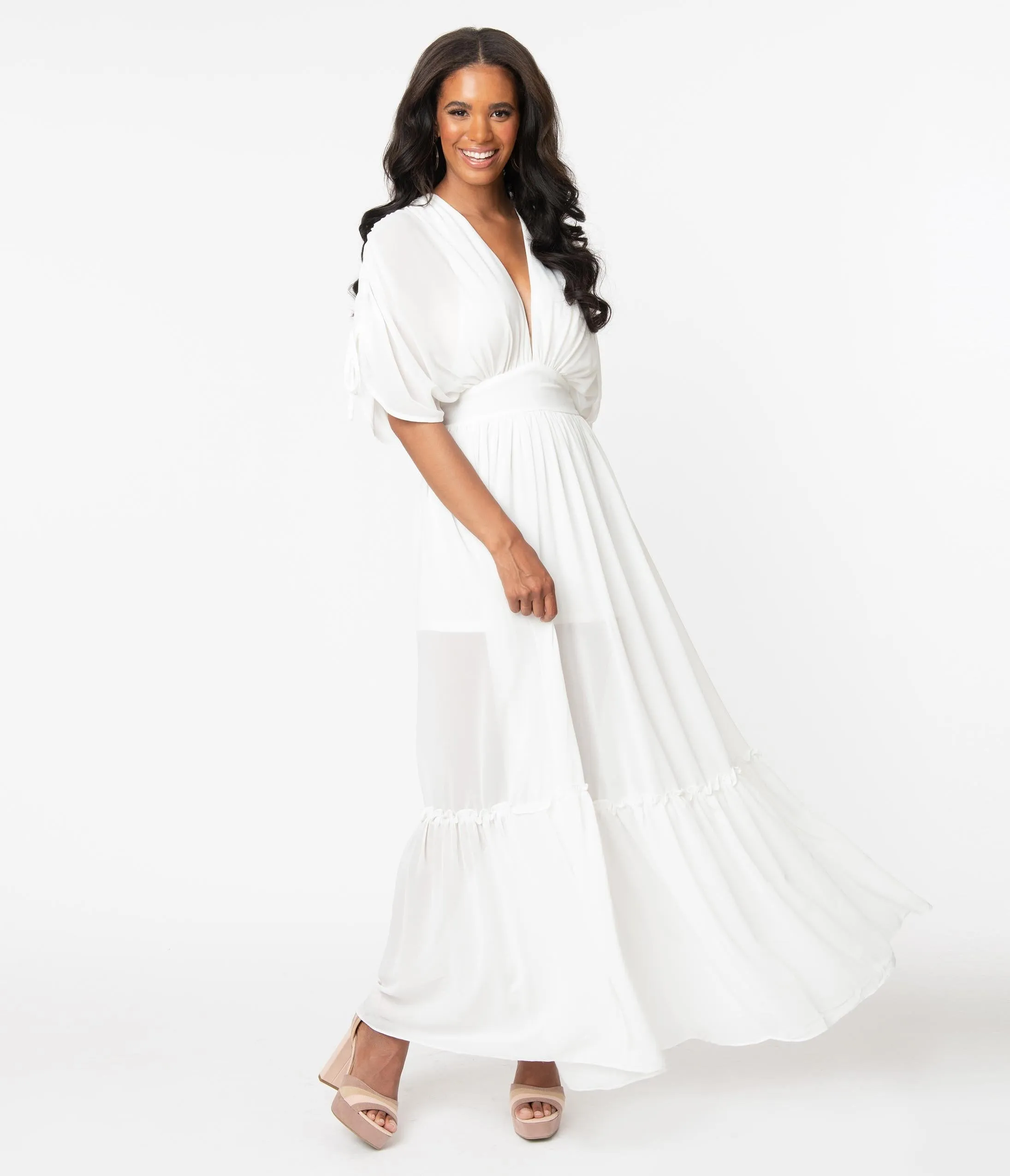 Retro Style Ivory Ruched Maxi Dress