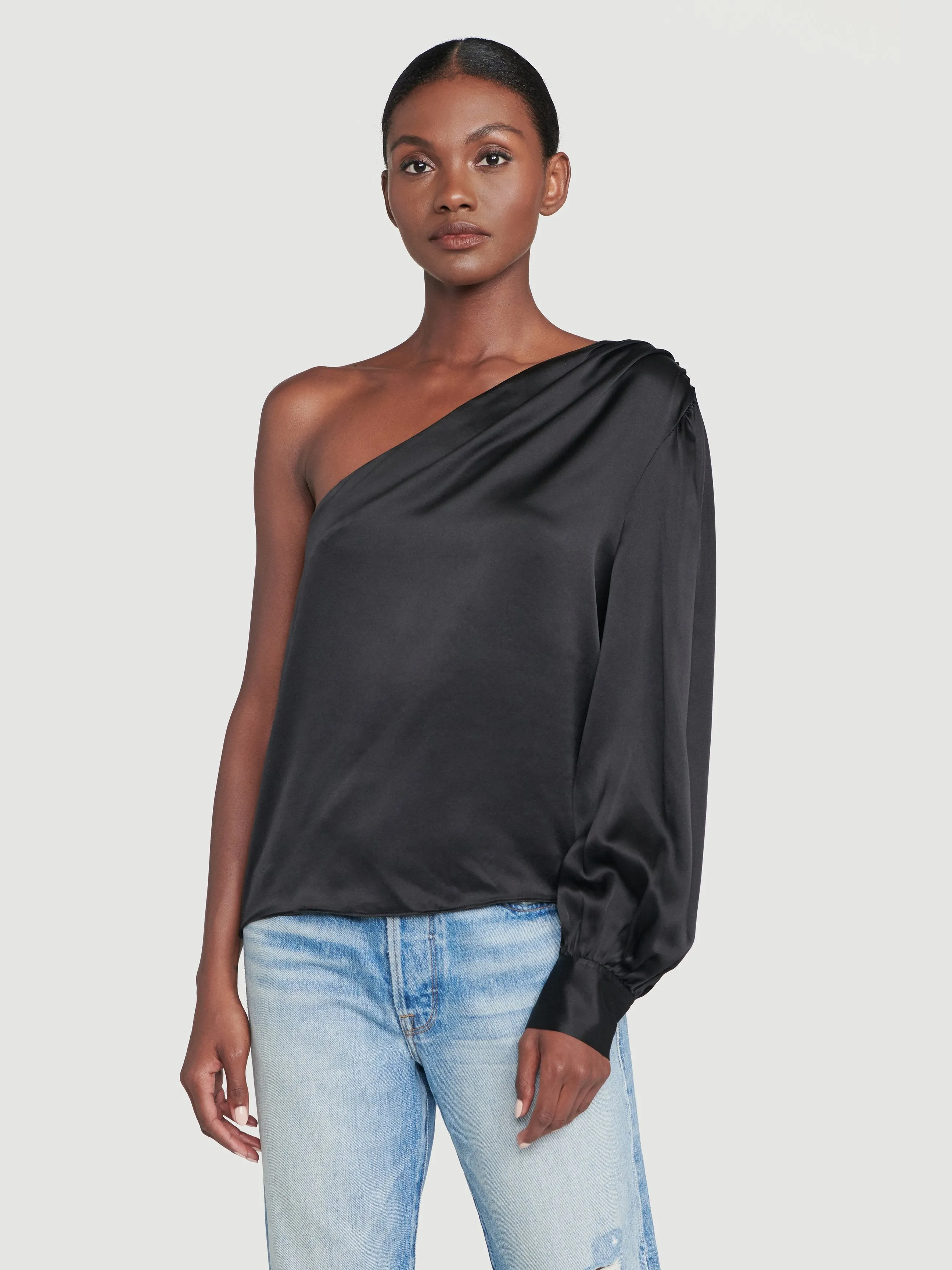 Silk Relaxed One Shoulder Top -- Noir