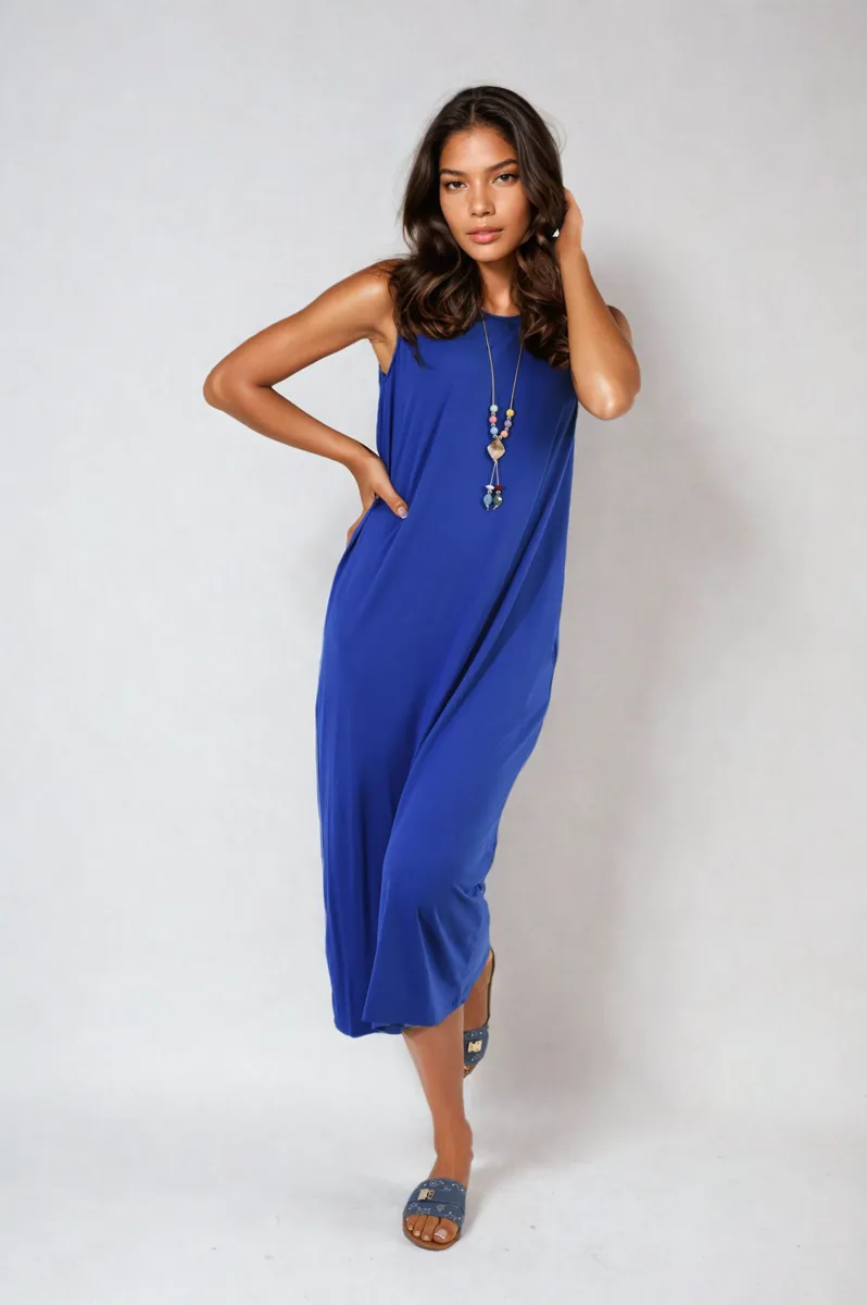 Sleeveless Slit Midi Dress with Side Pockets