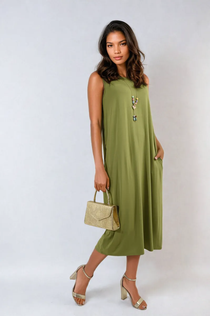 Sleeveless Slit Midi Dress with Side Pockets