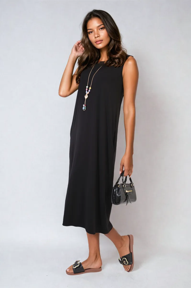 Sleeveless Slit Midi Dress with Side Pockets